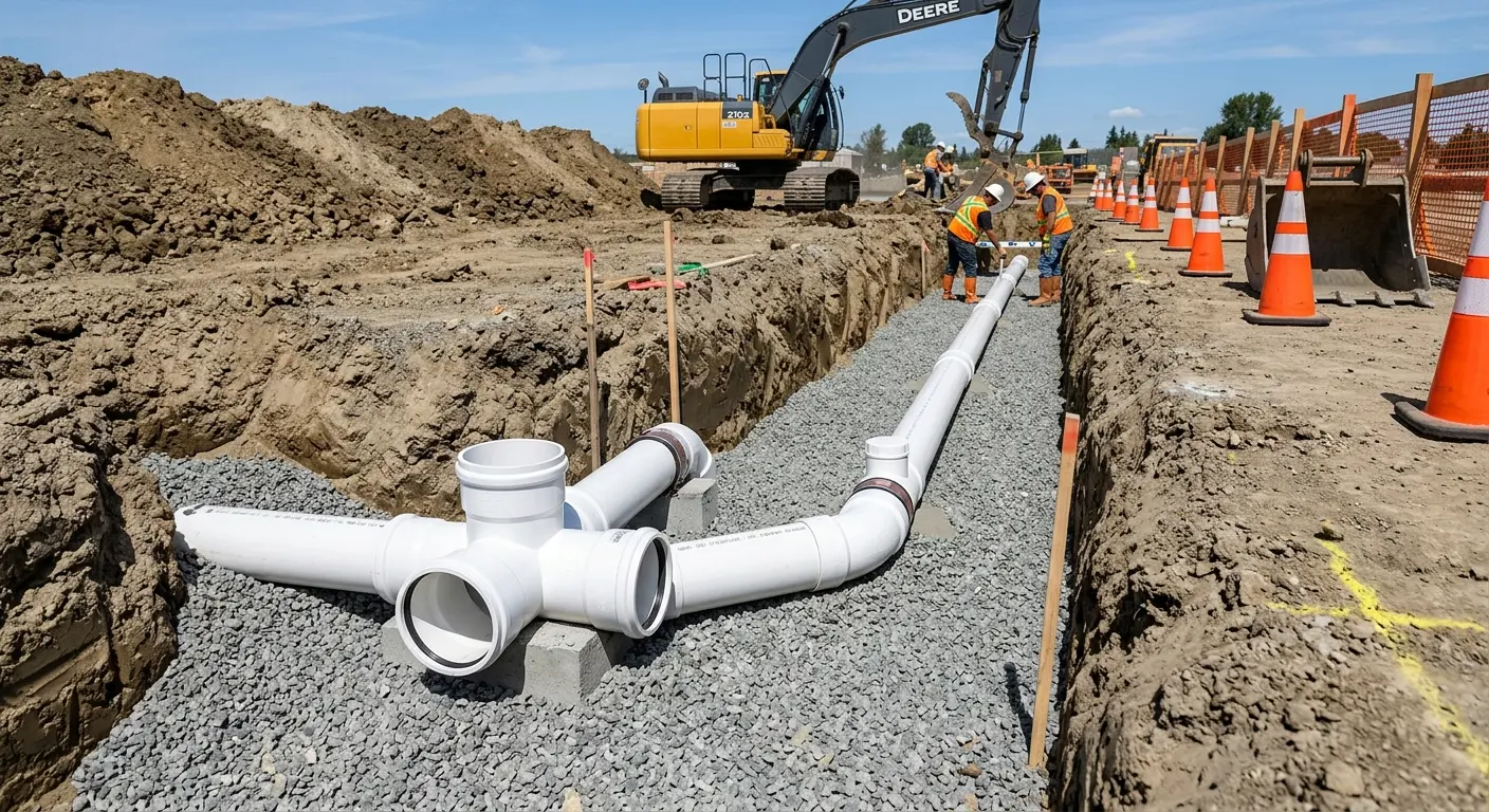 New PVC sewer pipe installation in open trench for Sewer Backup in Beech Grove