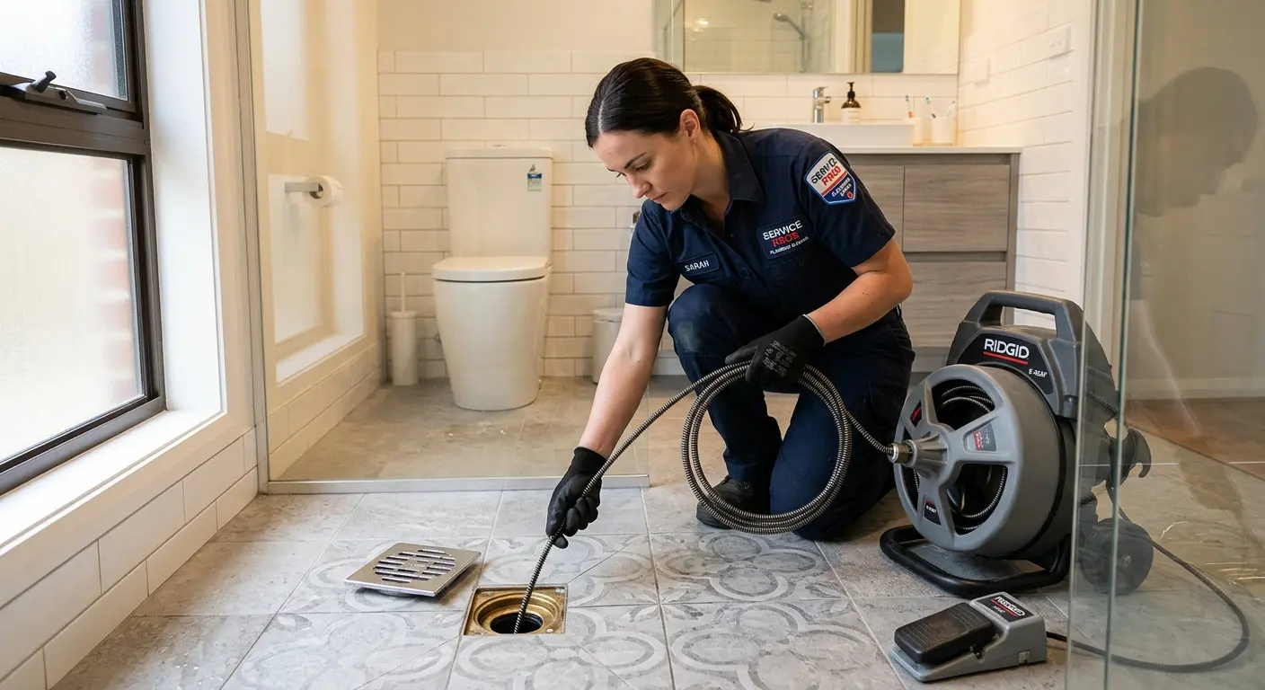 Technician clearing a bathroom floor drain for Sewer Line Installation in Beech Grove